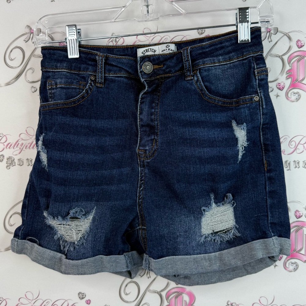 Wax Jean stretch for days shorts denim Women's Dark Blue Distressed Jean Shorts